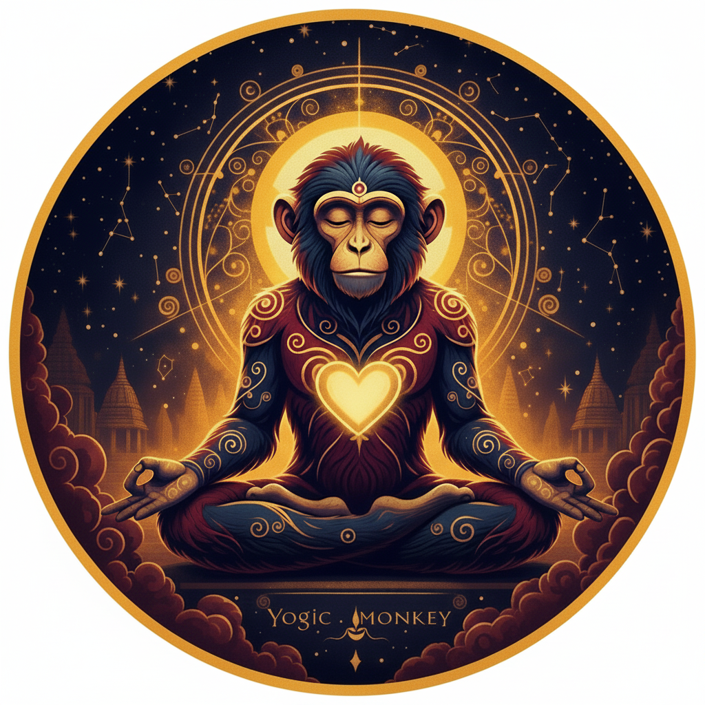 The Yogic Monkey mascot — a meditating monkey holding wisdom at its heart