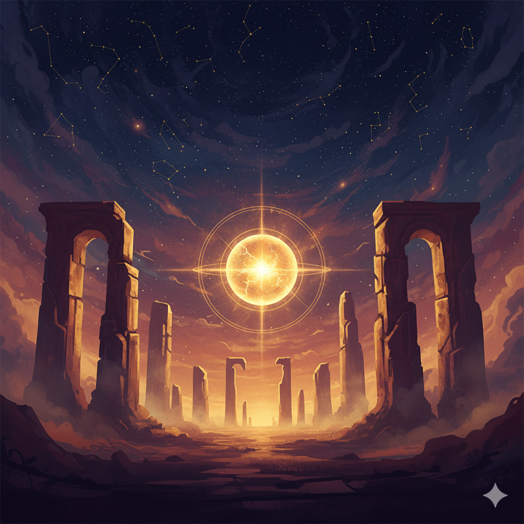 Glowing ancient pillars around a radiant star