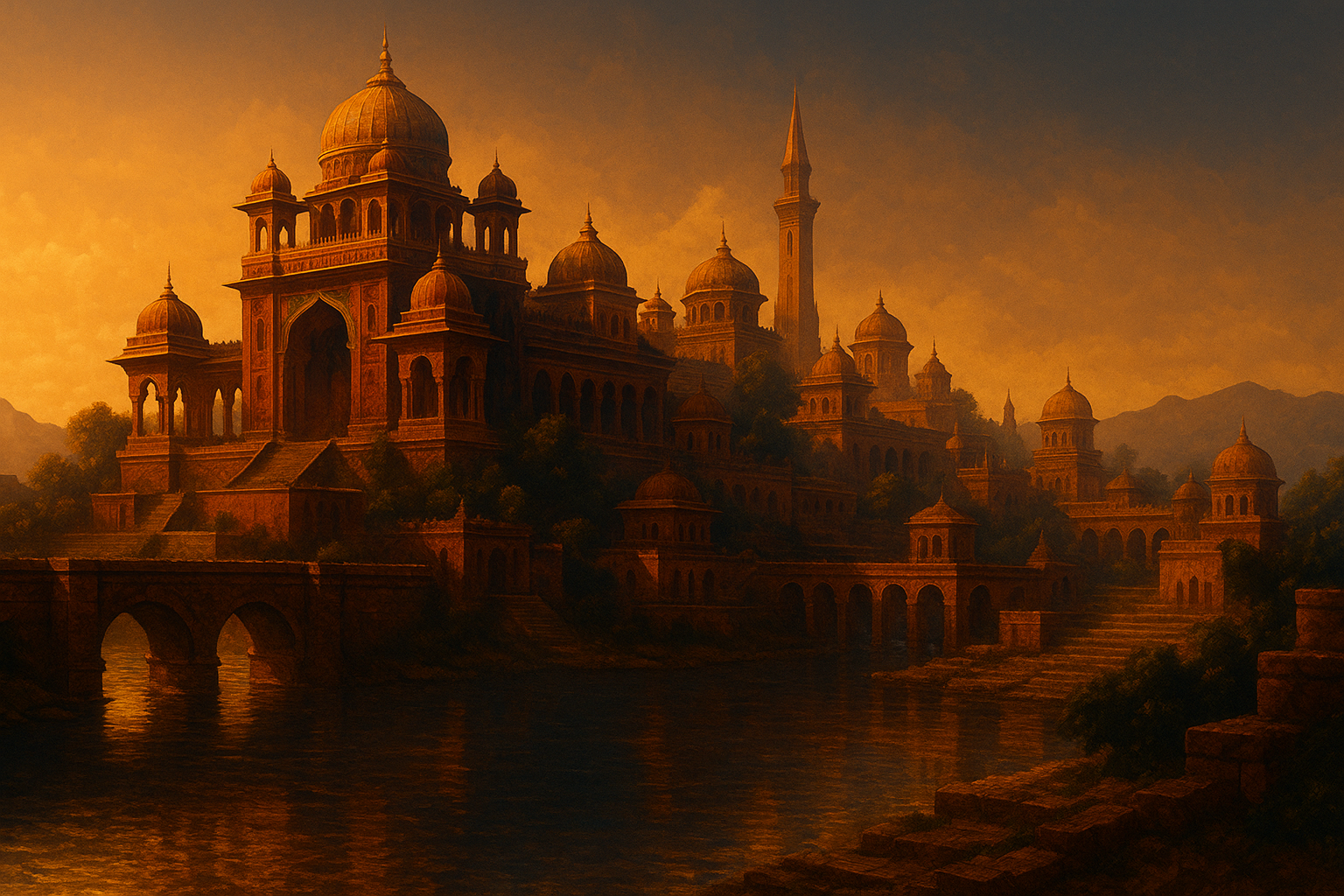 A golden palace city glowing at dusk beside still water