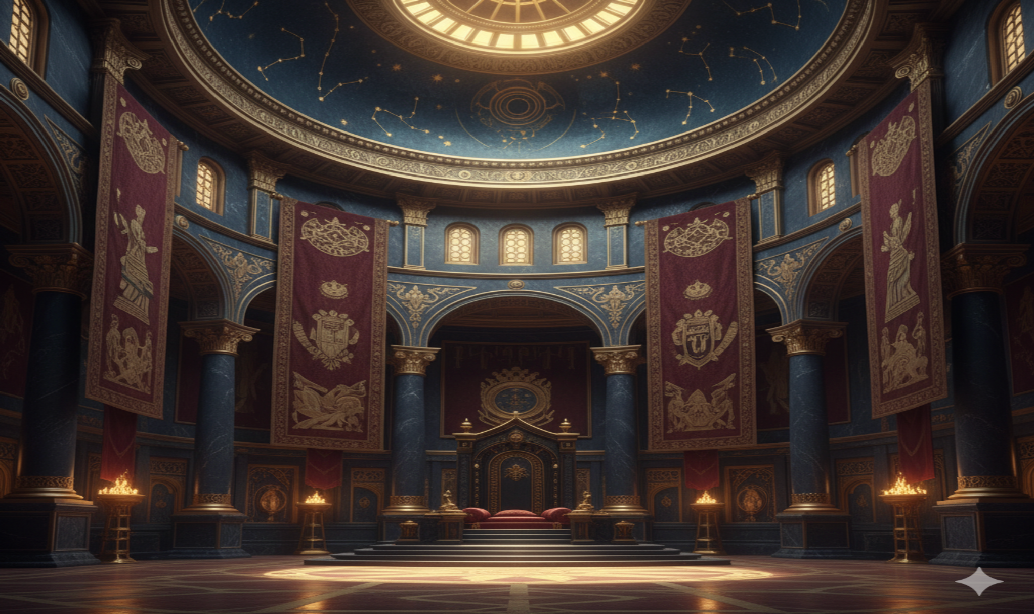 A grand hall lit by fire under a starlit dome