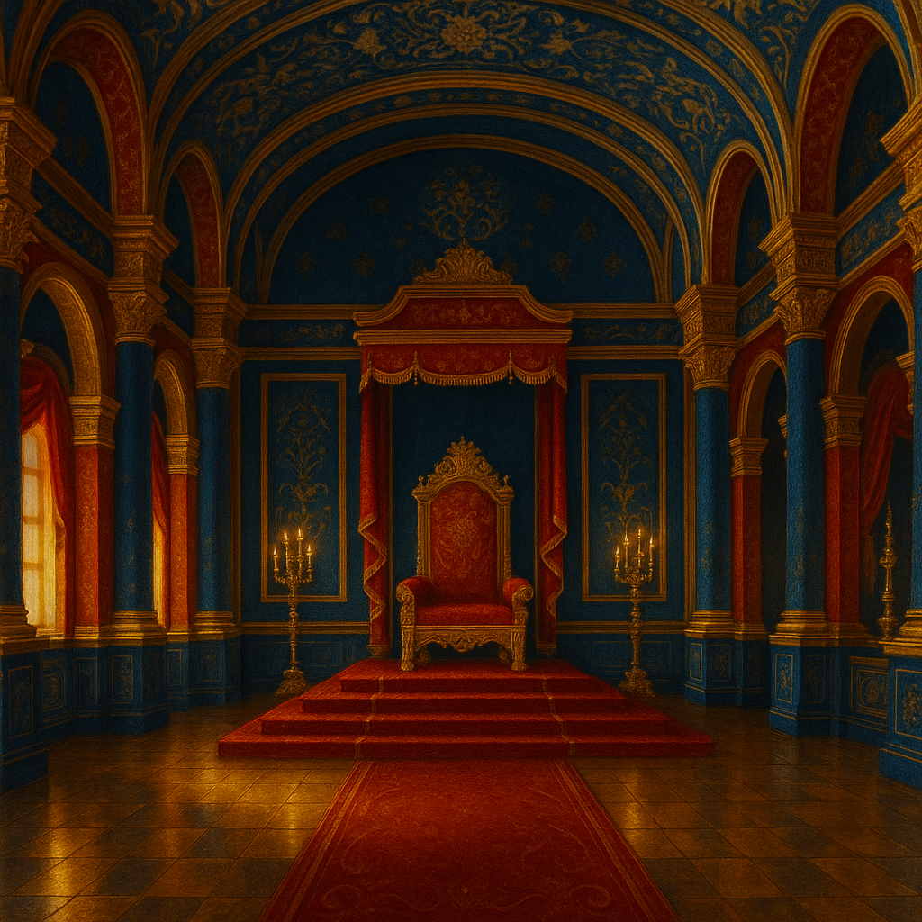 A red and gold throne room glowing by candlelight