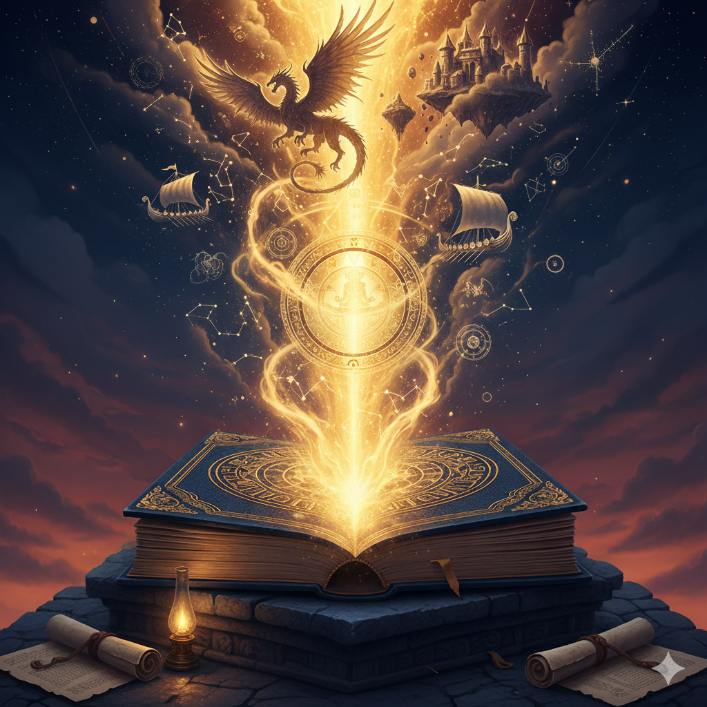A glowing book from which ships and light rise into a starlit sky