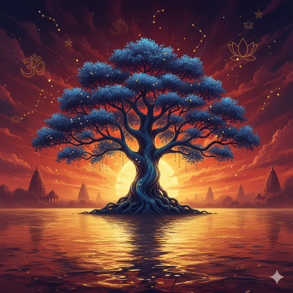 A great tree of light rising over still water at dusk
