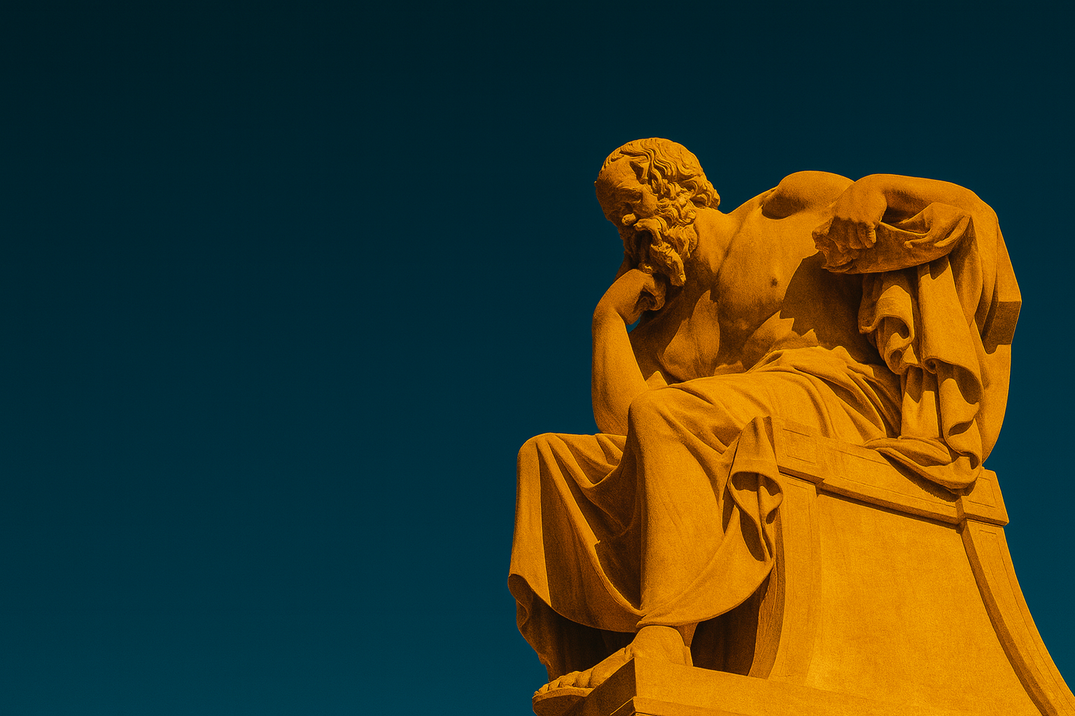 A weathered stone statue of a thinker against a deep blue sky