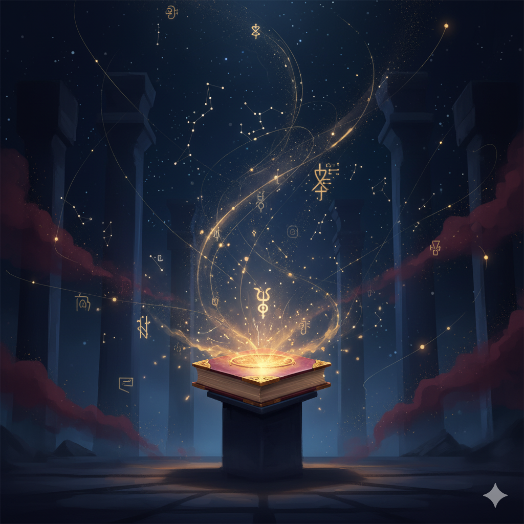 Warm sacred light rising from an altar beneath a starlit sky