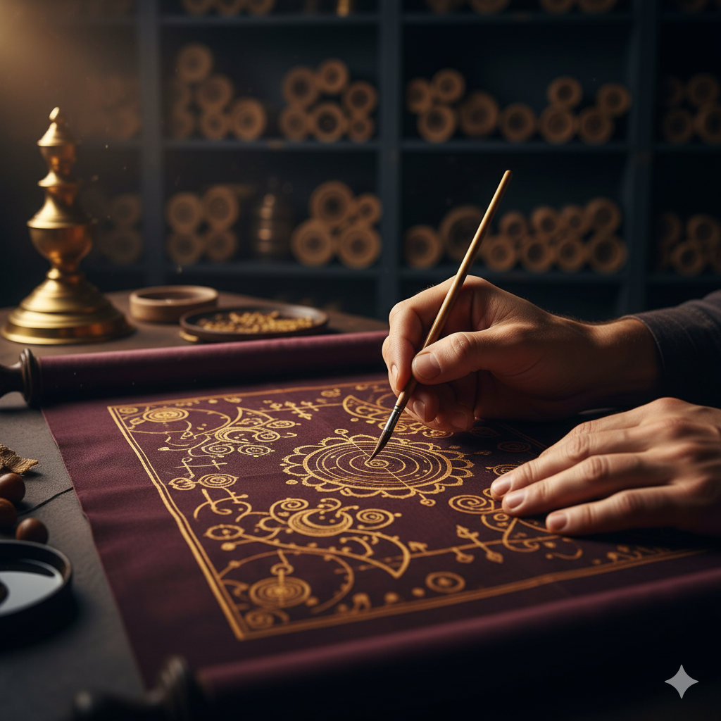 Hands painting gold illumination onto a deep maroon manuscript