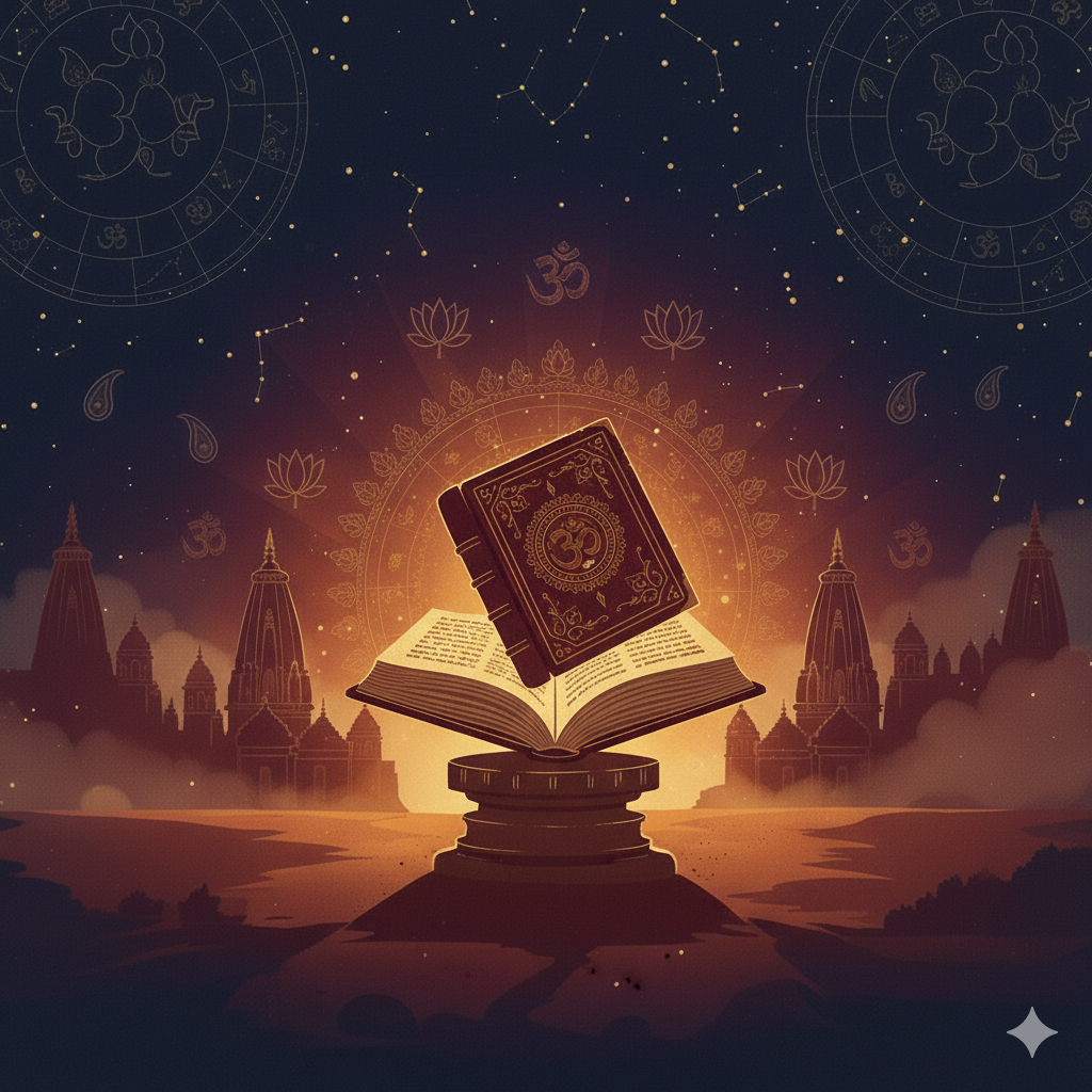 A glowing sacred book resting on a stone pedestal beneath constellations