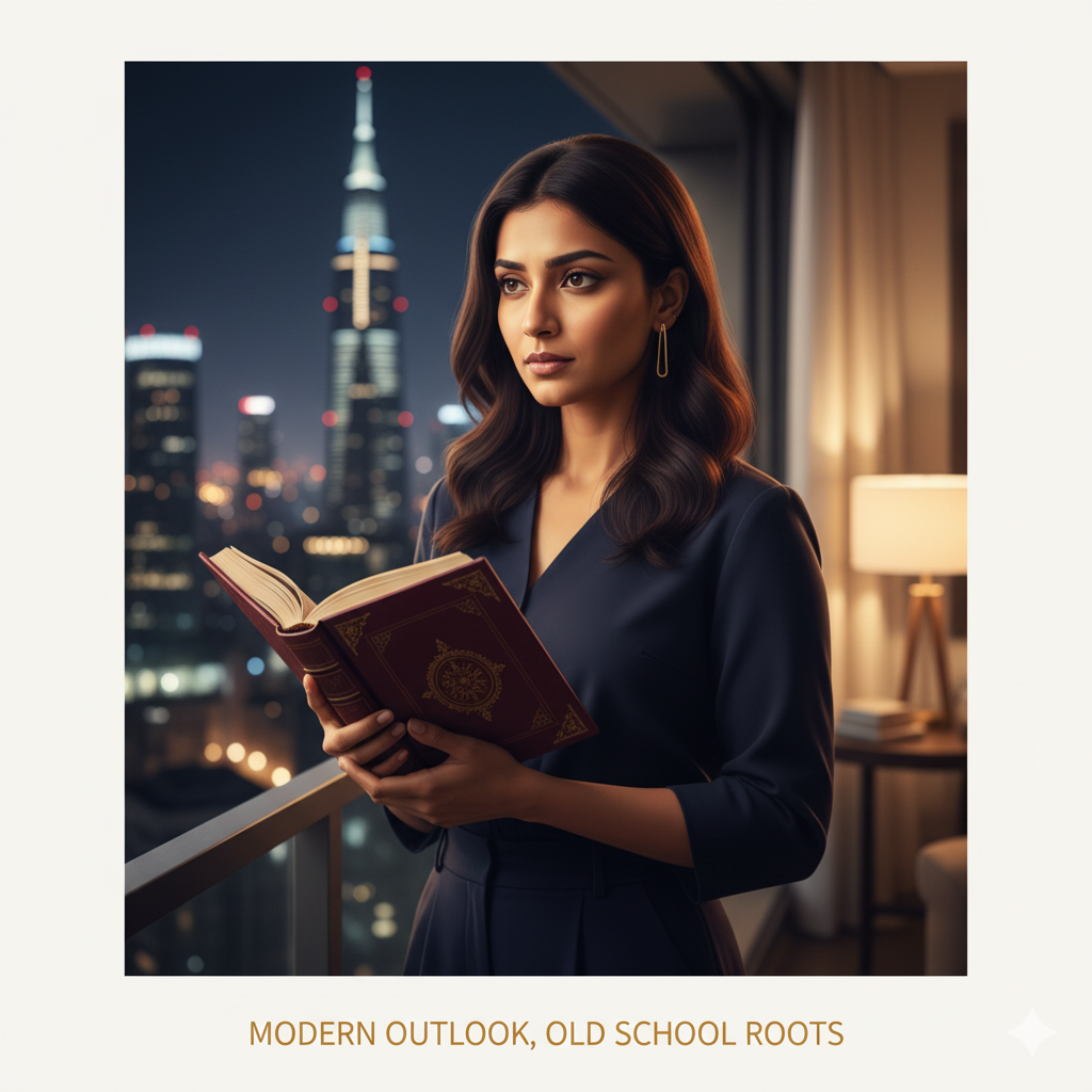 A woman holding an old illuminated book before a glowing night city