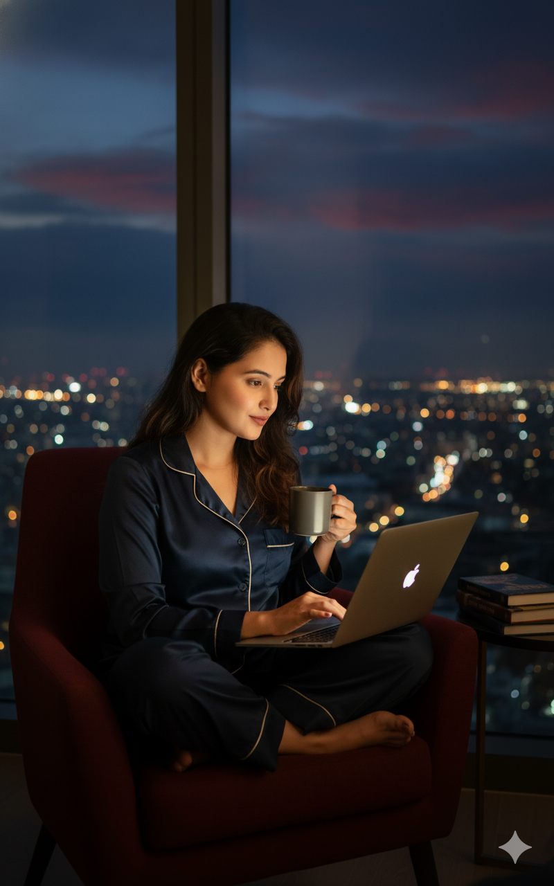 A person at a laptop by a window, city lights glowing below