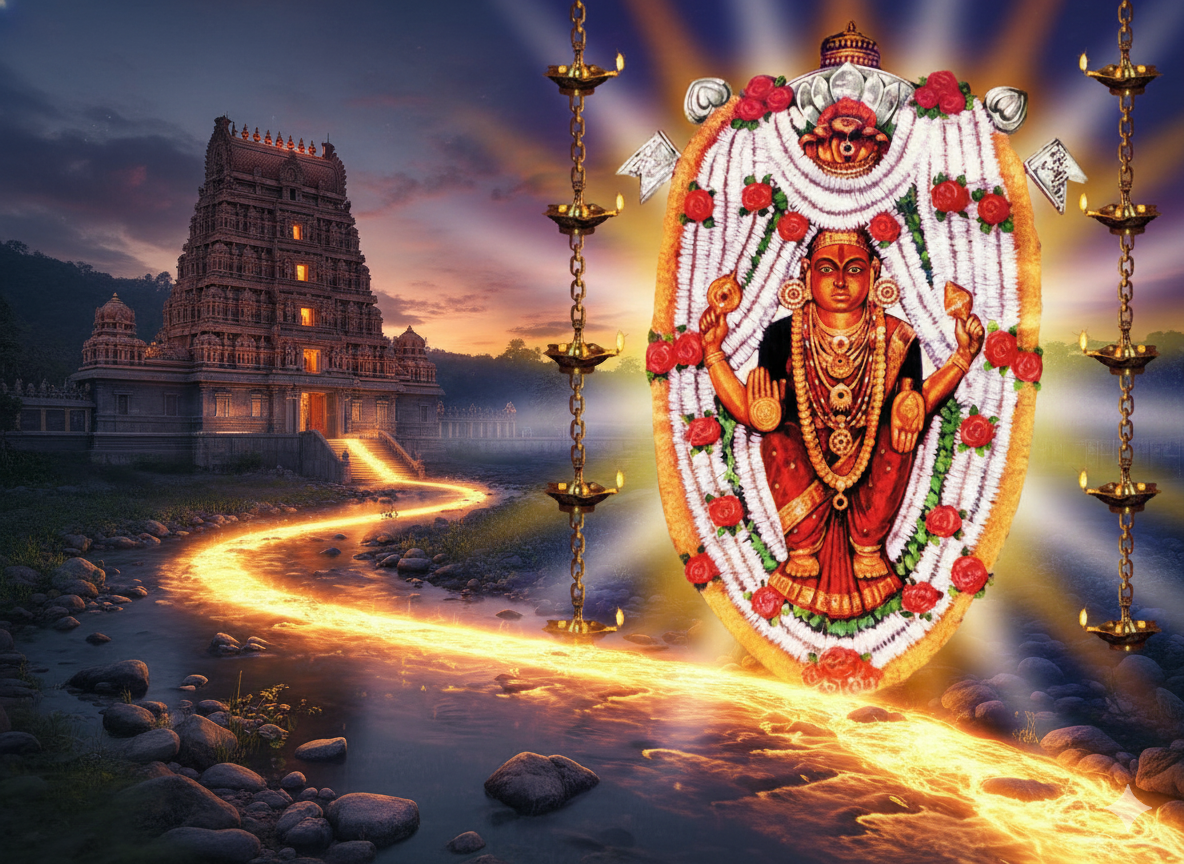 A radiant deity figure before a temple, a river of fire winding away